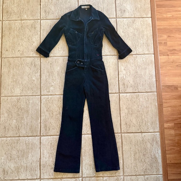 VTG STUSSY Womens XS Black Corduroy Jumpsuit Flare Leg Y2K Baddie 3/4 Sleeve Zip